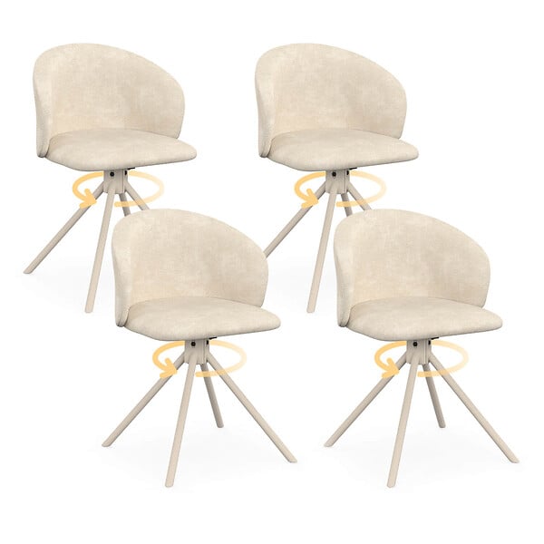 ID MARKET - Lot de 4 chaises pivotantes KIRA en tissu chenille beige et pied métal beige pour salle à manger - large