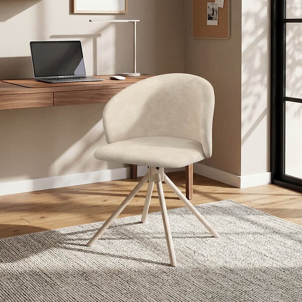 ID MARKET - Lot de 4 chaises pivotantes KIRA en tissu chenille beige et pied métal beige pour salle à manger - large