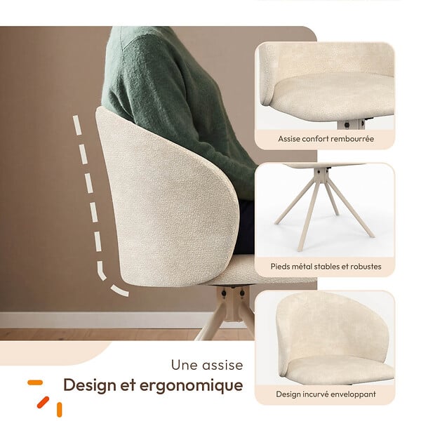 ID MARKET - Lot de 4 chaises pivotantes KIRA en tissu chenille beige et pied métal beige pour salle à manger - large