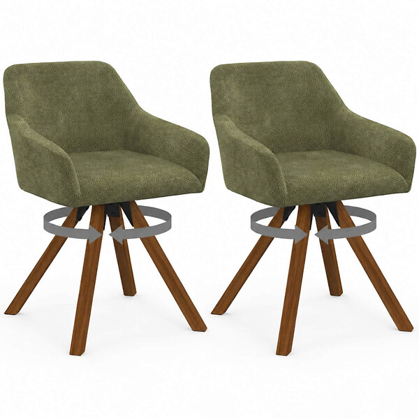 ID MARKET - Lot de 2 chaises pivotantes 360° de salle à manger, fauteuils de table JANY en tissu chenille verte et pied noyer - large