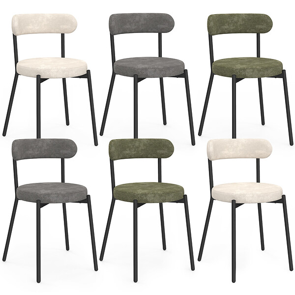 ID MARKET - Lot de 6 chaises MIKI dossier incurvé en tissu chenille mix color vert x2, écru x2, gris x2 pieds en métal noir - large