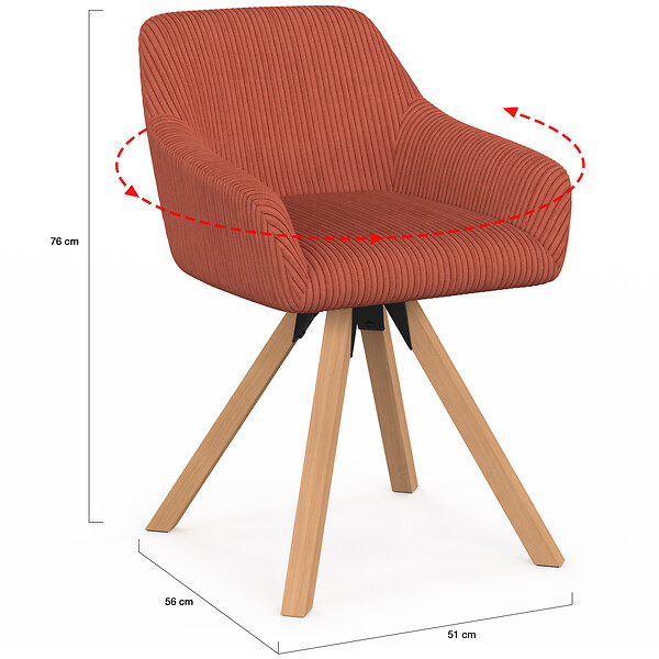 ID MARKET - Lot de 2 chaises pivotantes 360° de salle à manger, fauteuils de table JANY en velours côtelé terracotta - large
