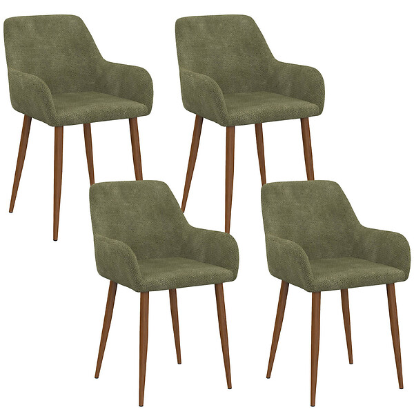ID MARKET - Lot de 4 chaises RORY en tissu chenille verte pieds noyer pour salle à manger - large