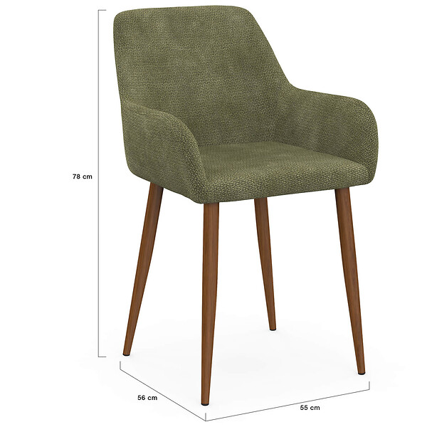 ID MARKET - Lot de 4 chaises RORY en tissu chenille verte pieds noyer pour salle à manger - large