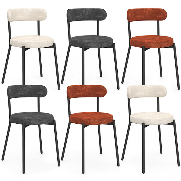 ID MARKET - Lot de 6 chaises MIKI dossier incurvé en tissu chenille mix color terracotta x2, écru x2, gris foncé x2 pieds en métal noir - large