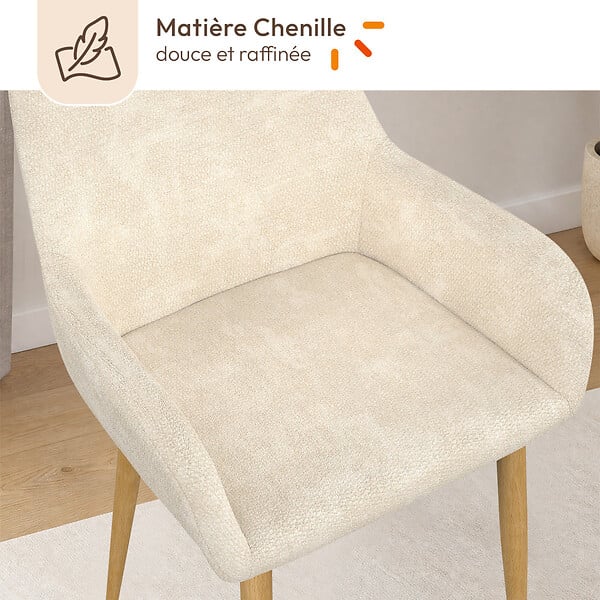 ID MARKET - Lot de 4 chaises RORY en tissu chenille beige pour salle à manger - large