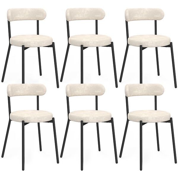 ID MARKET - Lot de 6 chaises MIKI dossier incurvé en tissu chenille écru pieds en métal noir - large