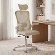 ID MARKET - Fauteuil de bureau JAMES ergonomique en toile respirante et appui-tête avec roulettes beige et blanc - vignette