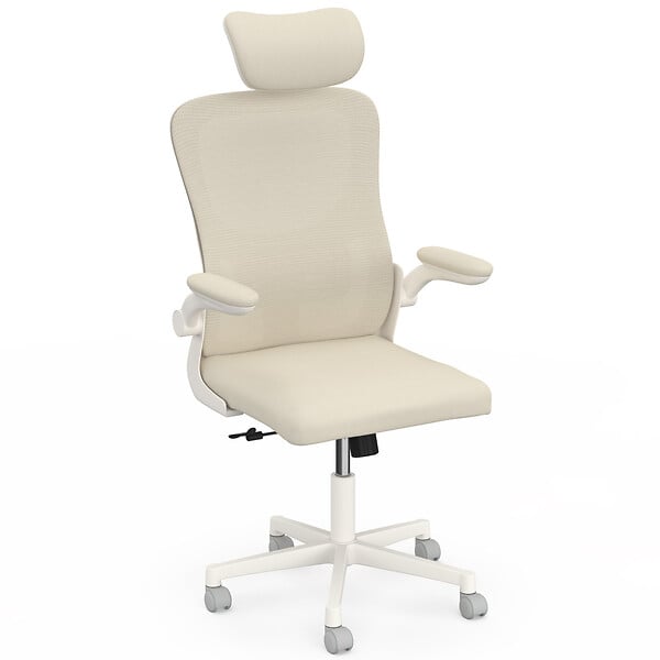 ID MARKET - Fauteuil de bureau JAMES ergonomique en toile respirante et appui-tête avec roulettes beige et blanc - large