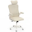 ID MARKET - Fauteuil de bureau JAMES ergonomique en toile respirante et appui-tête avec roulettes beige et blanc - vignette