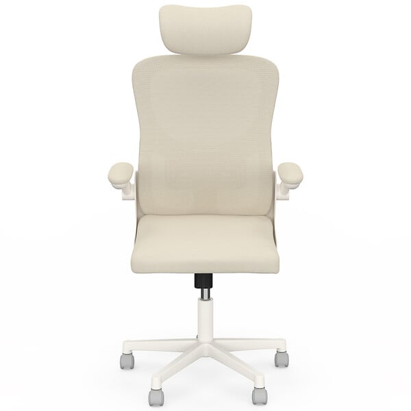 ID MARKET - Fauteuil de bureau JAMES ergonomique en toile respirante et appui-tête avec roulettes beige et blanc - large