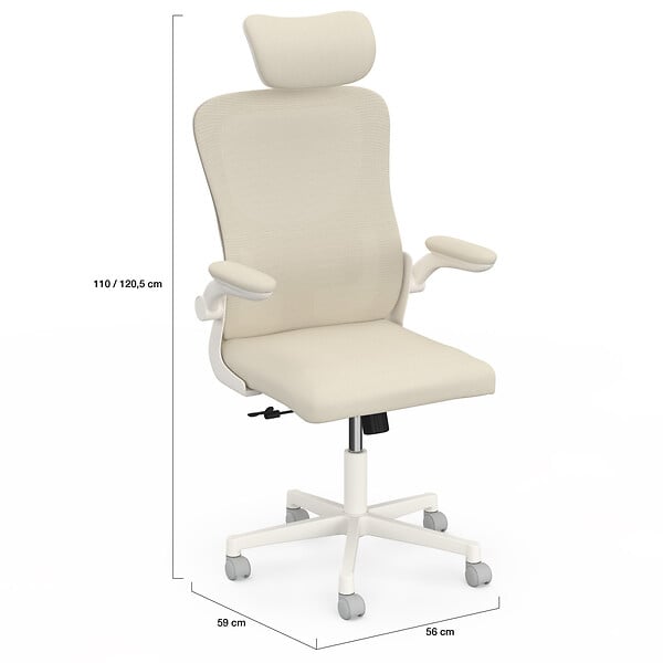 ID MARKET - Fauteuil de bureau JAMES ergonomique en toile respirante et appui-tête avec roulettes beige et blanc - large