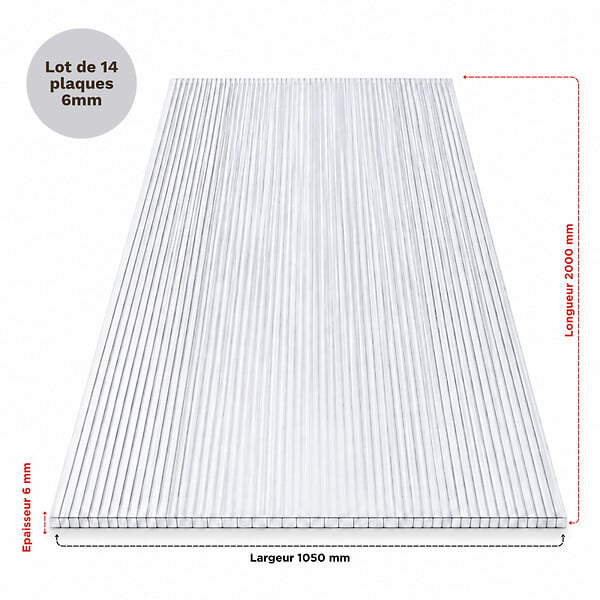 MCCOVER - Lot 14 plaques polycarbonate 6 mm - 2000 x 1050 mm alvéolaire translucide Translucide, l.105 cm, L.200 cm - large
