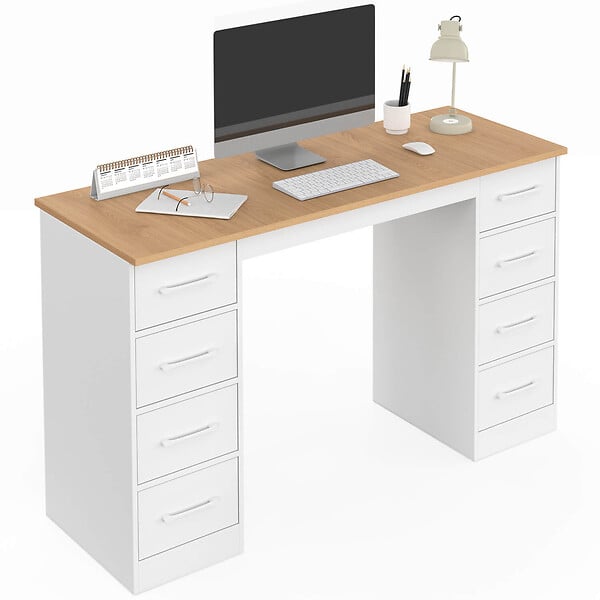 ID MARKET - Bureau avec 8 tiroirs en tissu 120x45 cm UPPAH blanc et bois - large
