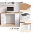 ID MARKET - Bureau avec 8 tiroirs en tissu 120x45 cm UPPAH blanc et bois - vignette