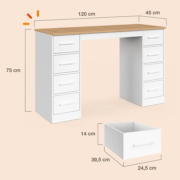 ID MARKET - Bureau avec 8 tiroirs en tissu 120x45 cm UPPAH blanc et bois - large