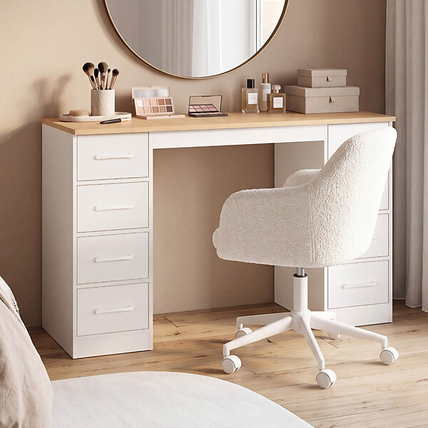 ID MARKET - Bureau avec 8 tiroirs en tissu 120x45 cm UPPAH blanc et bois - large