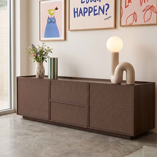 OVIALA - Meuble TV effet bois 150 cm style scandinave bois foncé - Tomy - large