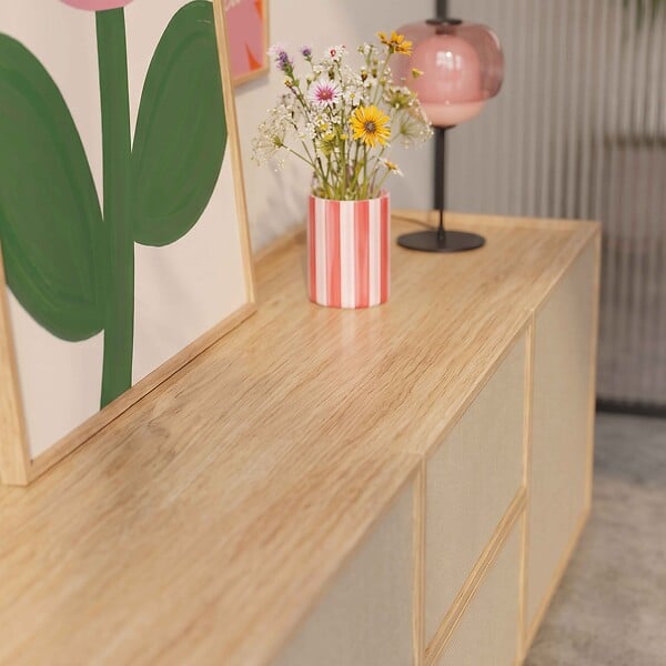 OVIALA - Meuble TV effet bois 150 cm style scandinave bois clair  - Tomy - large