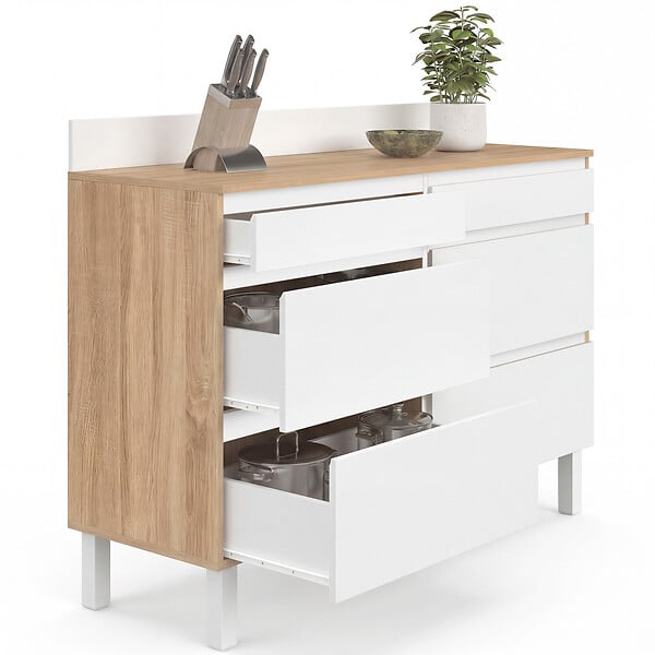ID MARKET - Buffet bas double casserolier de cuisine 120 cm CLAUDE plan de travail H. 83 cm 6 tiroirs bois et blanc - large