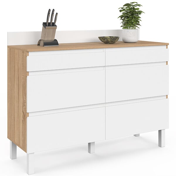 ID MARKET - Buffet bas double casserolier de cuisine 120 cm CLAUDE plan de travail H. 83 cm 6 tiroirs bois et blanc - large
