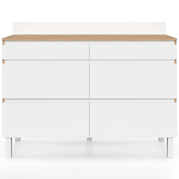 ID MARKET - Buffet bas double casserolier de cuisine 120 cm CLAUDE plan de travail H. 83 cm 6 tiroirs bois et blanc - large