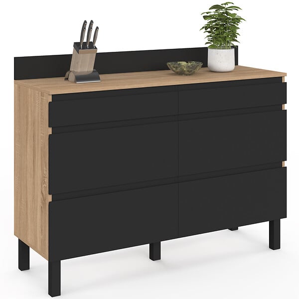 ID MARKET - Buffet bas double casserolier de cuisine 120 cm CLAUDE plan de travail H. 83 cm 6 tiroirs bois et noir - large
