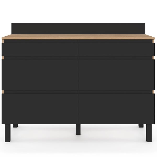 ID MARKET - Buffet bas double casserolier de cuisine 120 cm CLAUDE plan de travail H. 83 cm 6 tiroirs bois et noir - large