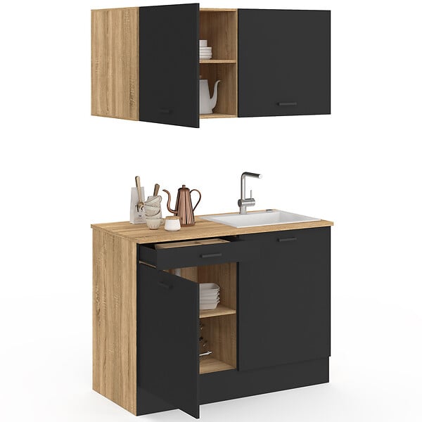 ID MARKET - Cuisine complète kitchenette 120 cm STIL avec plan de travail 3 éléments bois et noir - large