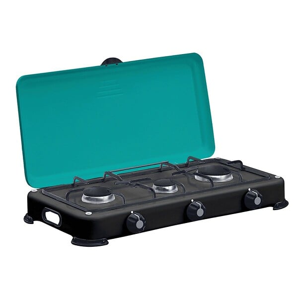 INTEC - Réchaud à gaz portable 3 feux 4100W Brûleurs + Grille en Fonte amovibles + Tuyau gaz + détendeur Propane GOLD III INTEC - large