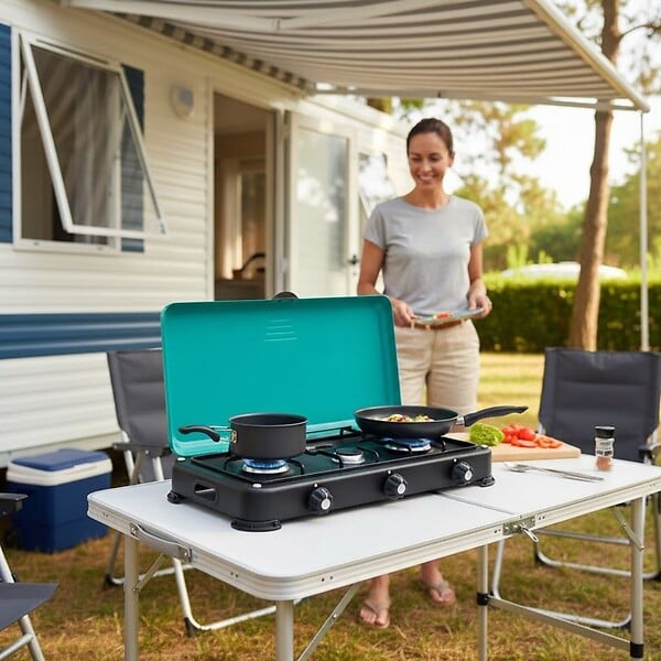 INTEC - Réchaud à gaz portable 3 feux 4100W Brûleurs + Grille en Fonte amovibles + Tuyau gaz + détendeur Propane GOLD III INTEC - large