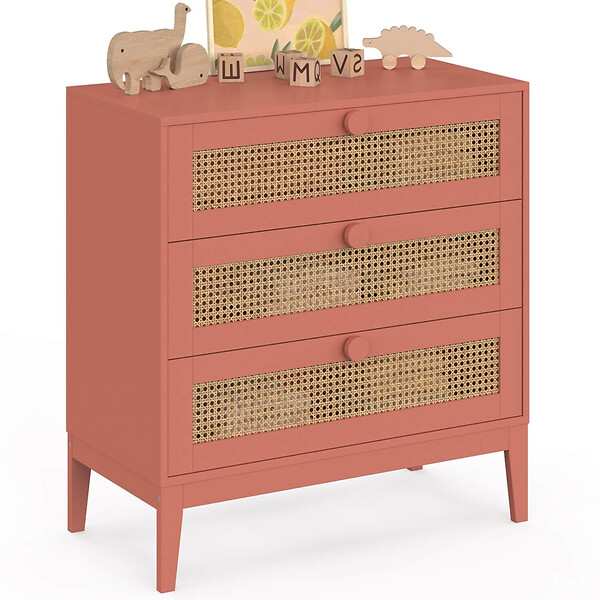 ID MARKET - Commode 3 tiroirs ADELIE 80 cm enfant cannage et vieux rose - large
