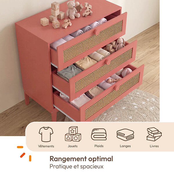 ID MARKET - Commode 3 tiroirs ADELIE 80 cm enfant cannage et vieux rose - large