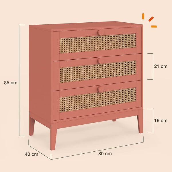 ID MARKET - Commode 3 tiroirs ADELIE 80 cm enfant cannage et vieux rose - large