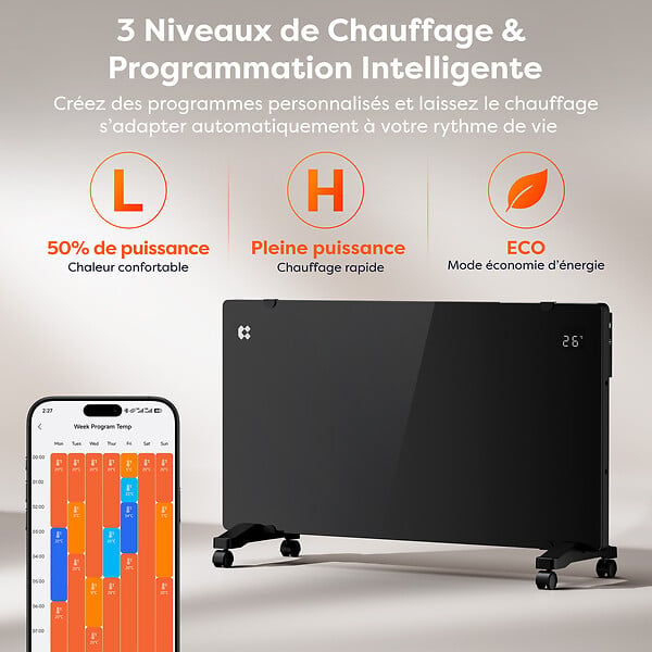 CIARRA - Convecteur Radiateur Electrique Connecté 2000W Mural ou Mobile IP24 Programmable CIARRA CBHX20-B - large