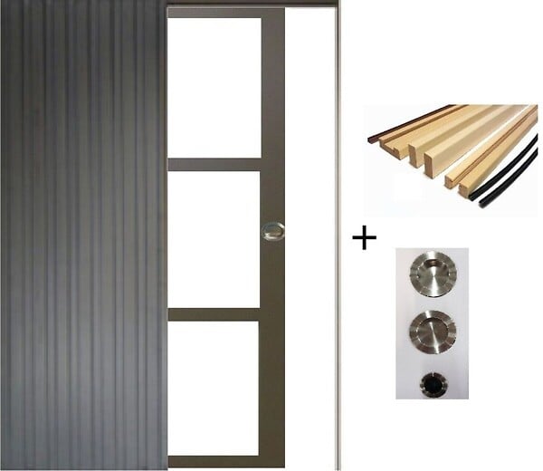 GD MENUISERIES - Porte Coulissante Gris Taupe RAL 7006 Vitrage transparent H204 x L73 cm, Galandage, kit finition (coquille et tire doigt) - large