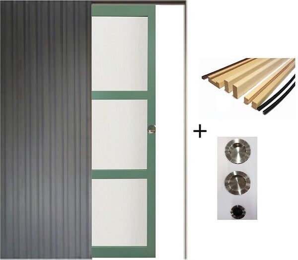 GD MENUISERIES - Porte Coulissante Vert Sauge RAL 6021 Vitrée H204 x L73 cm, Galandage, kit finition (coquille et tire doigt) - large