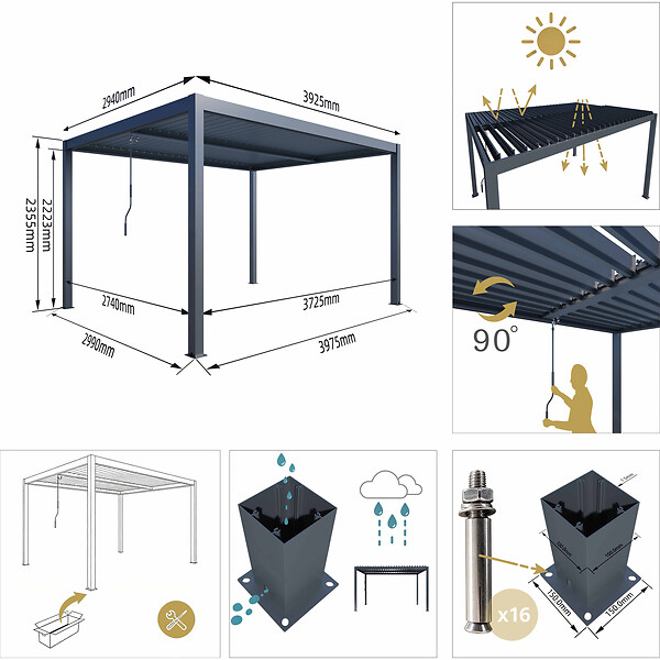 AICA SANITAIRE - Pergola bioclimatique autoportée RIVA 4 x 3m - Lames orientables - Aluminium - Gris anthracite - 4 pieds robustes - large