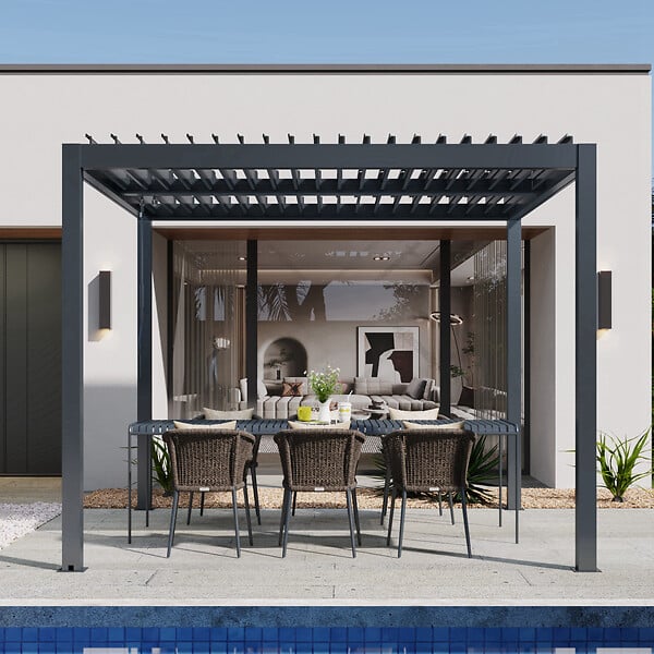 AICA SANITAIRE - Pergola bioclimatique autoportée RIVA 3 x 3m - Lames orientables - Aluminium - Gris anthracite - 4 pieds robustes - large