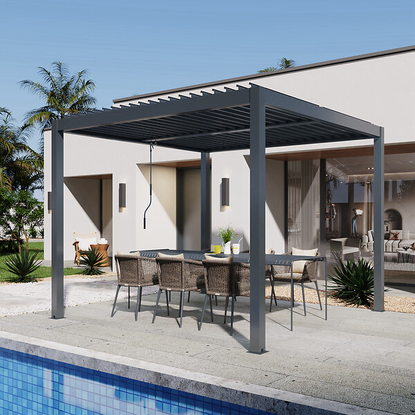 AICA SANITAIRE - Pergola bioclimatique autoportée - Structure et Lames orientables en aluminium - 3 x 3m - Gris anthracite - large