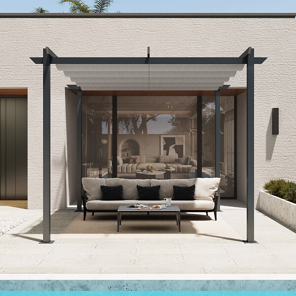AICA SANITAIRE - Pergola autoportée VELA en aluminium 5.81 m², toile rétractable, 3 x 3m, tonnelle gris pour les jardin et les cours - large