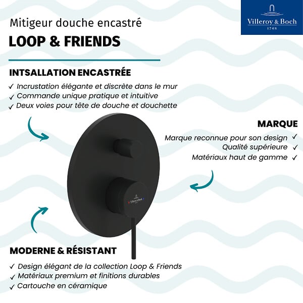 VILLEROY ET BOCH - Mitigeur mécanique encastré avec inverseur  Loop & Friends Noir mat - large