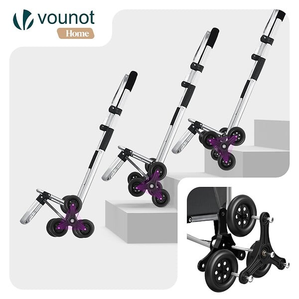 VOUNOT - Chariot de course pliable monte escalier aluminium avec crochets noir - large