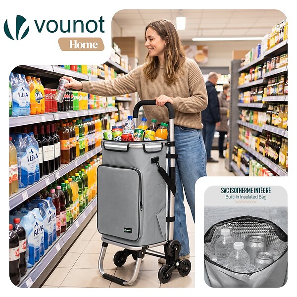 VOUNOT - Chariot de course pliable monte escalier aluminium avec crochets gris - large