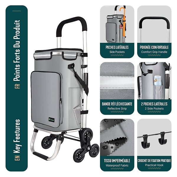 VOUNOT - Chariot de course pliable monte escalier aluminium avec crochets gris - large
