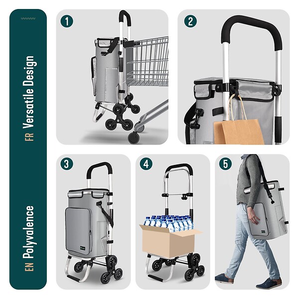 VOUNOT - Chariot de course pliable monte escalier aluminium avec crochets gris - large