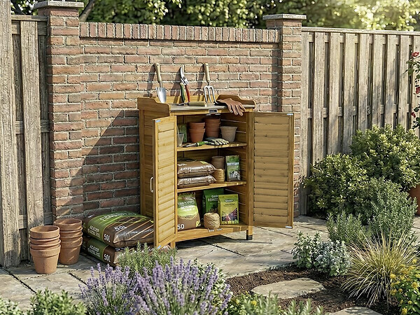 HABITAT ET JARDIN - Armoire de jardin en bois avec roulettes "Alexia" - 66 x 41 x 101 cm - Marron - large