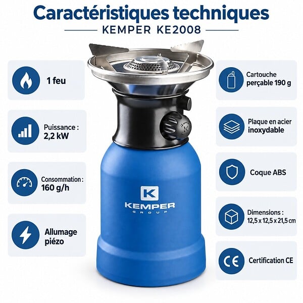 KEMPER - Réchaud gaz 2200W Coque ABS Piezo + 4 cartouches de gaz 190gr KEMPER - large