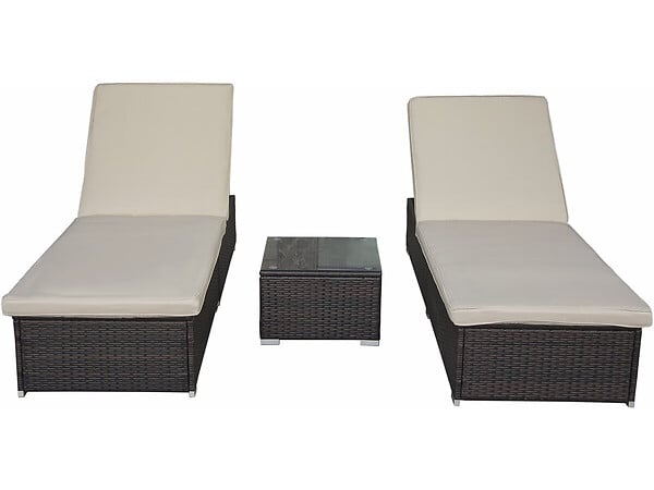 HABITAT ET JARDIN - Lot de 2 bains de soleil en résine tressée avec coussins et table basse "Alice" - Ecru - large