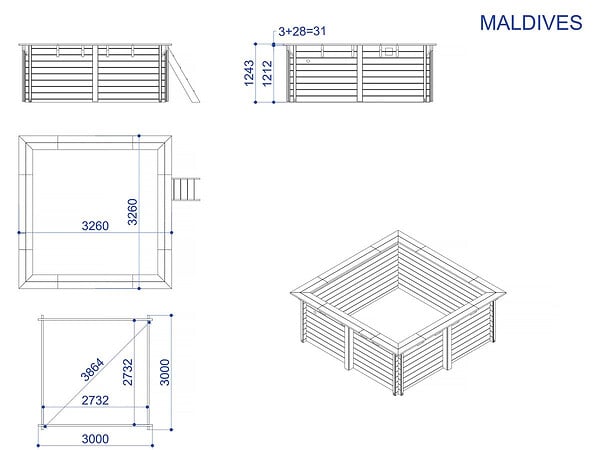 HABITAT ET JARDIN - Piscine bois rectangle " Maldives " - 3.20 x 3.20 x 1.24 m - large